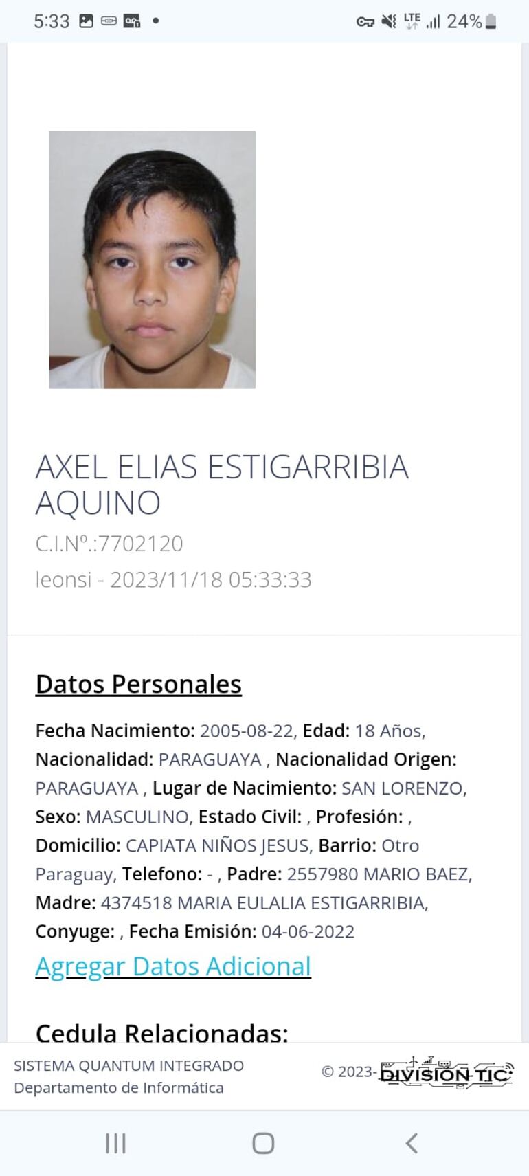 Axel Elías Estigarribia Aquino, maleante abatido en intento de asalto en Capiatá.