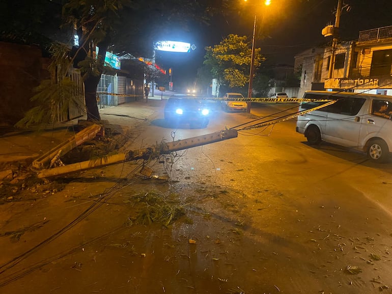 Columnas y cables quedaron tirados en el suelo luego de que un camión de gran porte haya pasado en a Avda. del Agrónomo y Avelino Martínez.