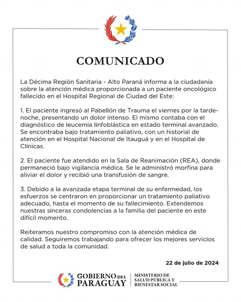 Comunicado de la décima Región Sanitaria sobre el fallecimiento de un paciente oncológico en CDE.