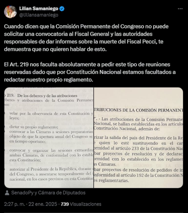 Lilian Samaniego sobre convocatoria para sesión reservada del caso Pecci.