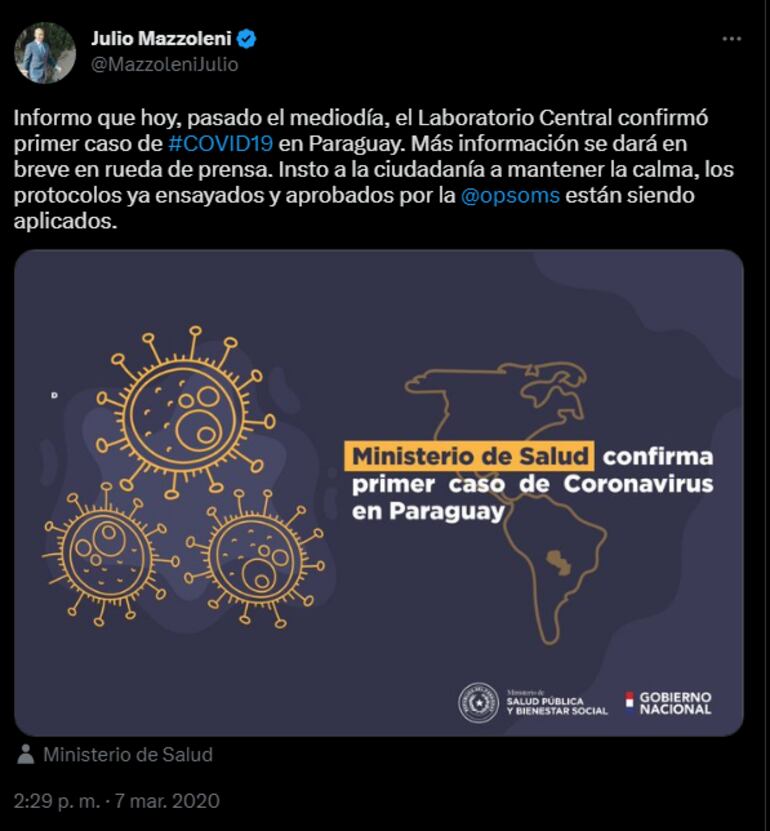 El tweet del entonces ministro de Salud, Julio Mazzoleni, confirmando el primer caso de COVID-19 en Paraguay.