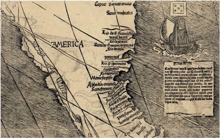 Mapa de Martín Waldseemüller en el que aparece por primera vez la palabra “América”, realizado en 1507, aunque nuevas investigaciones lo datan en 1517.