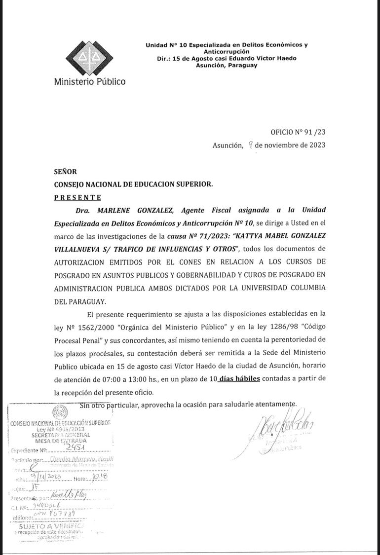 El oficio que remitió la Fiscalía al Cones sobre la senadora Kattya González.