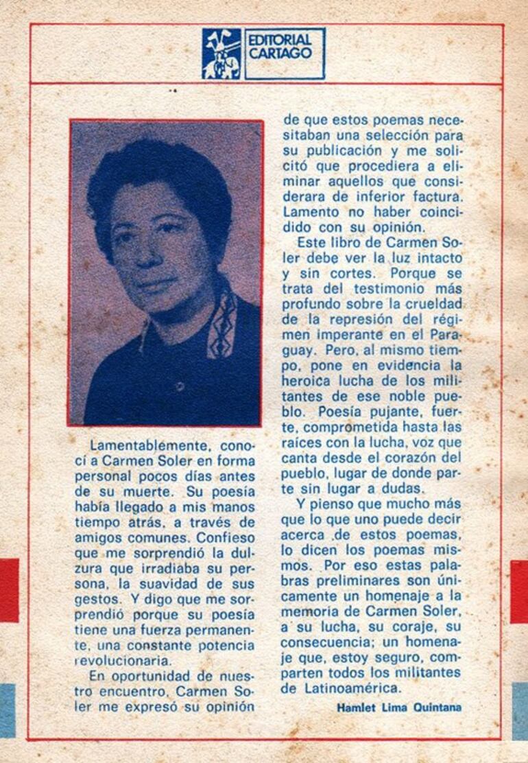 Contratapa de En la Tempestad (Buenos Aires, Cartago, 1986), de Carmen Soler, con palabras de Hamlet Lima Quintana