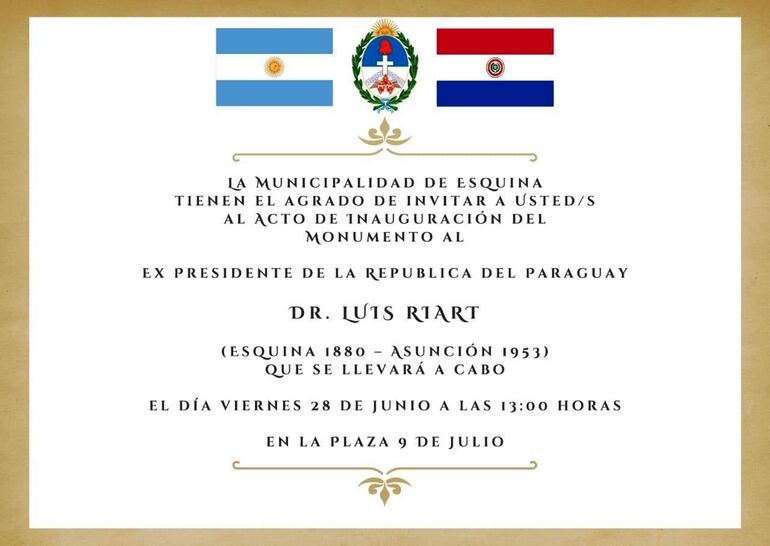 Invitación a la inauguración del monumento a Luis A. Riart en Esquina, Corrientes.