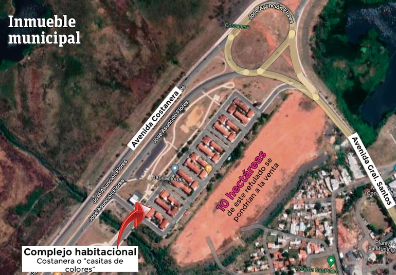 Ubicación del sector de Costanera Norte que el intendente "Nenecho" Rodríguez quiere vender. Ahora pidió autorización para la subasta de 6 de las 10 hectáreas previstas en 2022.