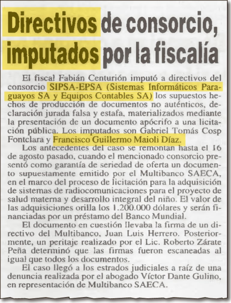 Publicación de ABC,  del 15 de diciembre del año 2000, que anuncia la imputación de Francisco Guillermo Maioli por declaración jurada falsa, estafa y producción de documentos no auténticos.