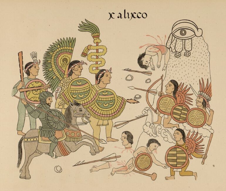 Fragmento del Lienzo de Tlaxcala que representa la conquista de Xalisco por los españoles