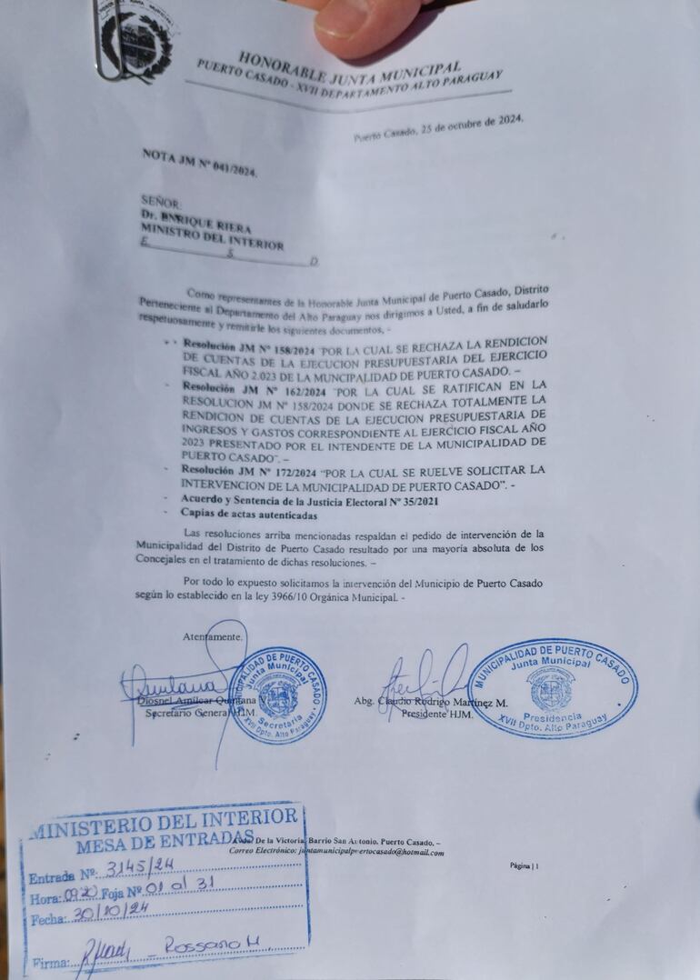 Documento presentado ante el Ministerio del Interior.