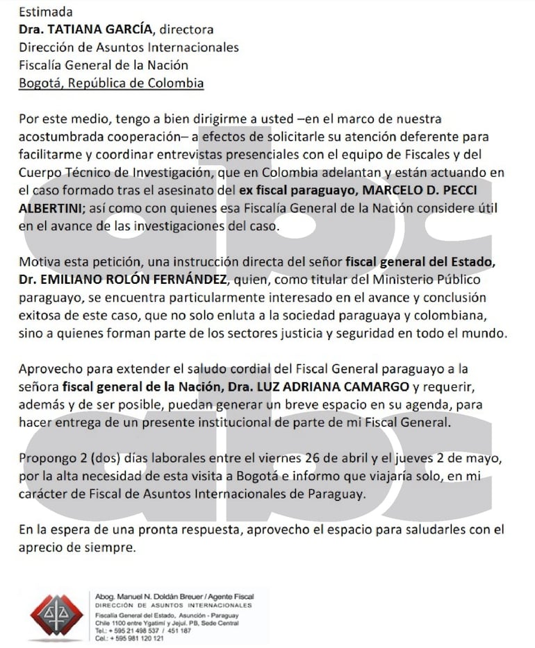 Nota remitida por el fiscal de Asuntos Internacionales Manuel Doldán a su par de Colombia, Tatiana García, para pedir reunirse con los fiscales investigadores del caso Marcelo Pecci.