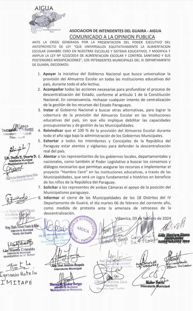 Comunicado emitido por la Asociación de Intendentes del Guairá (AIGUA).