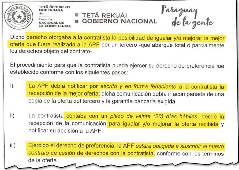 Facsímil de la observaciones de Conacom a la cláusula de preferencia  en la  licitación  de la APF.