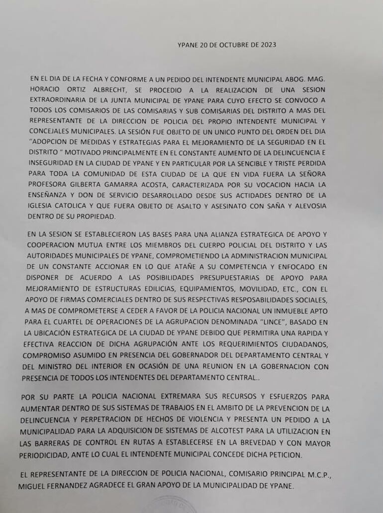 Acta de la sesión extraordinaria realizada ayer en la municipalidad de Ypané con la Policía Nacional.