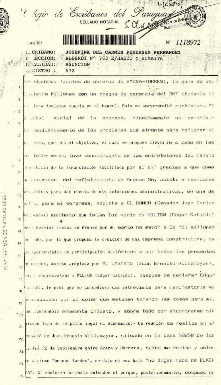 Acta de declaración de testito en la cual menciona al  exsenador Juan Carlos Galaverna.