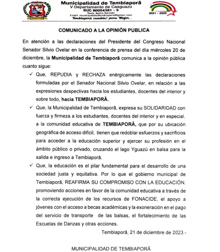 Comunicado de la Municipalidad de Tembiaporâ.