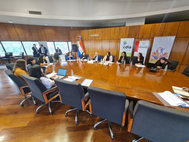 El comisionado Luis Pedernera, flanqueado por las diputadas Johanna Ortega (PPS) y Dalia Estigarribia (PLRA), ayer en Cámara Baja.