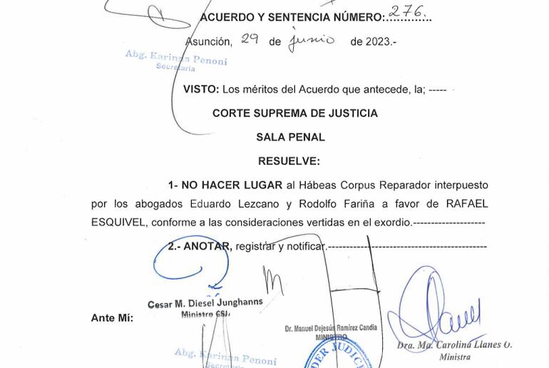 Acuerdo y Sentencia de la Sala Penal de la Corte, sobre las pretenciones de Rafael "Mbururú" Esquivel de salir de prisión para jurar como Senador.