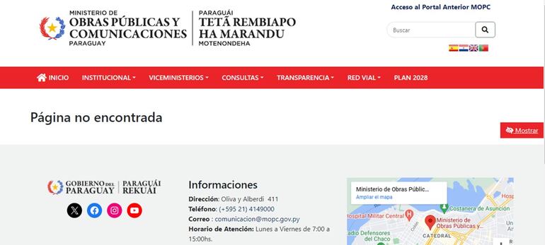 La confirmación del llamado a licitación para mejoras de la antigua ruta PY02 ya no se encuentra disponible en el portal del MOPC.