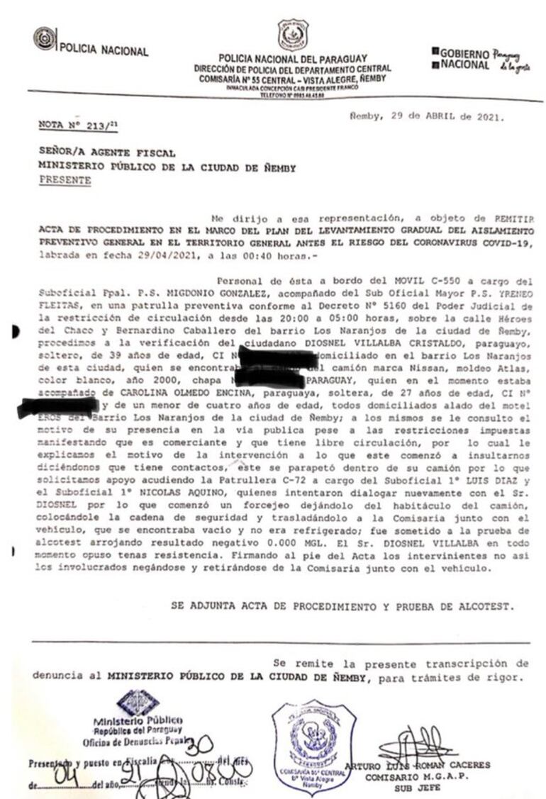 Acta de detención de Diosnel Villalba.