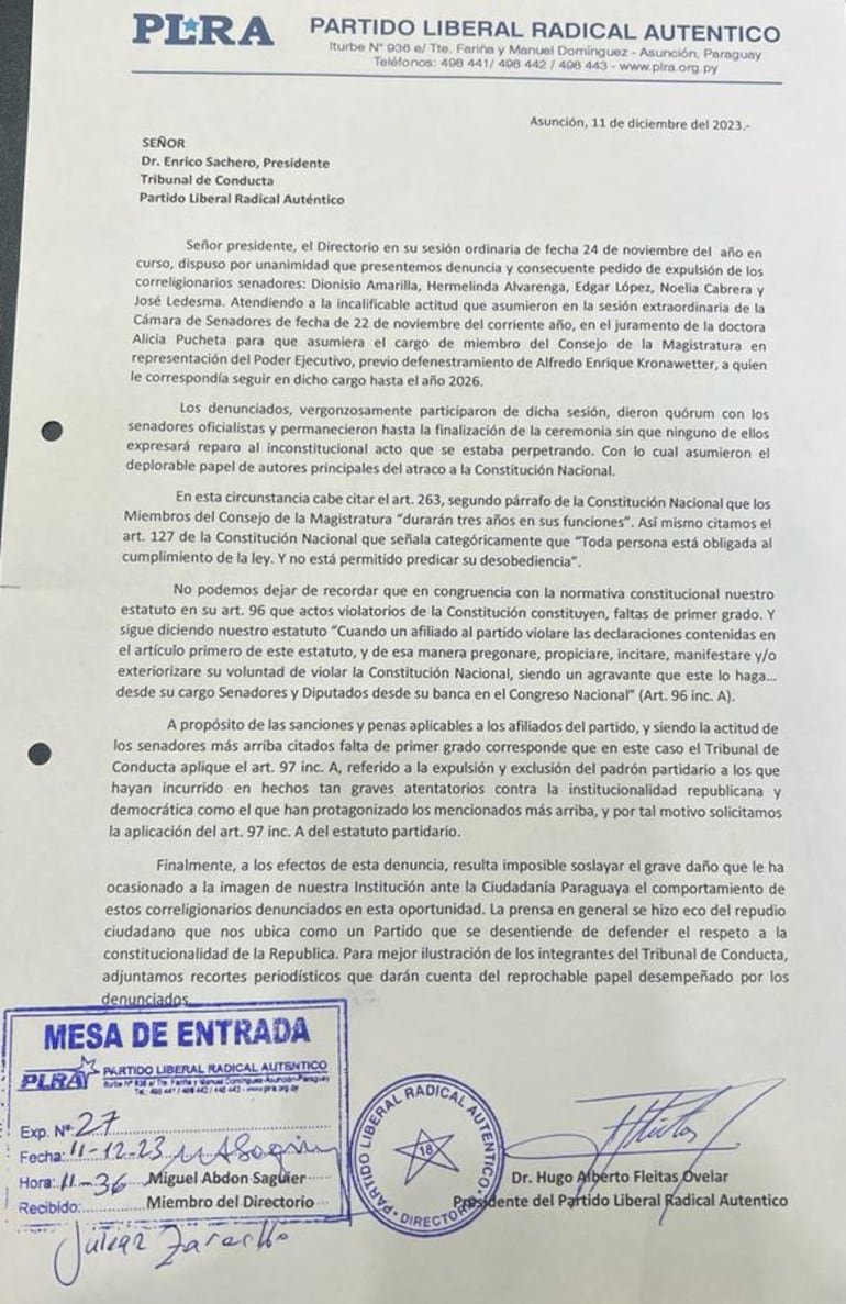 Pedido de expulsión de 5 senadores que dieron quorum para juramento de Alicia Pucheta.