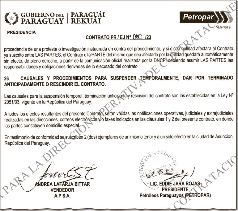 El contrato fue firmado por el titular de Petropar, Eddie Jara, el 28 de setiembre último.