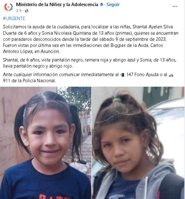 Publicación de la página de Facebook del Ministerio de Niñez y la Adolescencia.