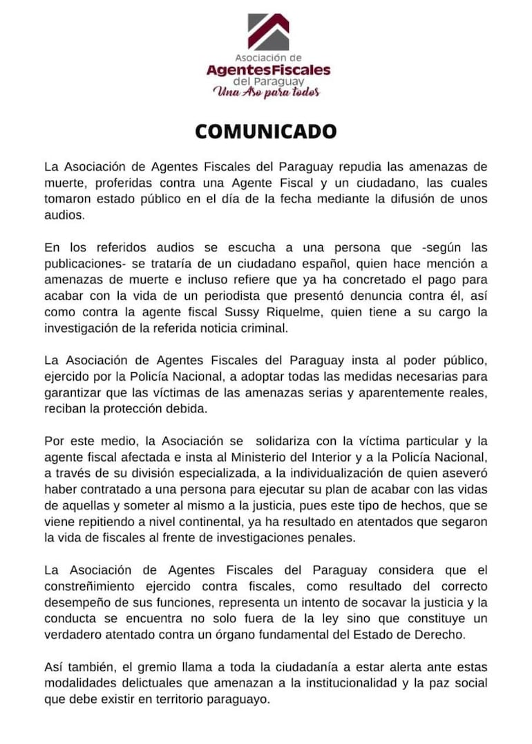 Nota de la  Asociación de Agentes Fiscales del Paraguay.