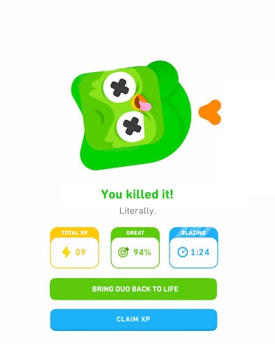 La app Duolingo informó que su mascota ha muerto.