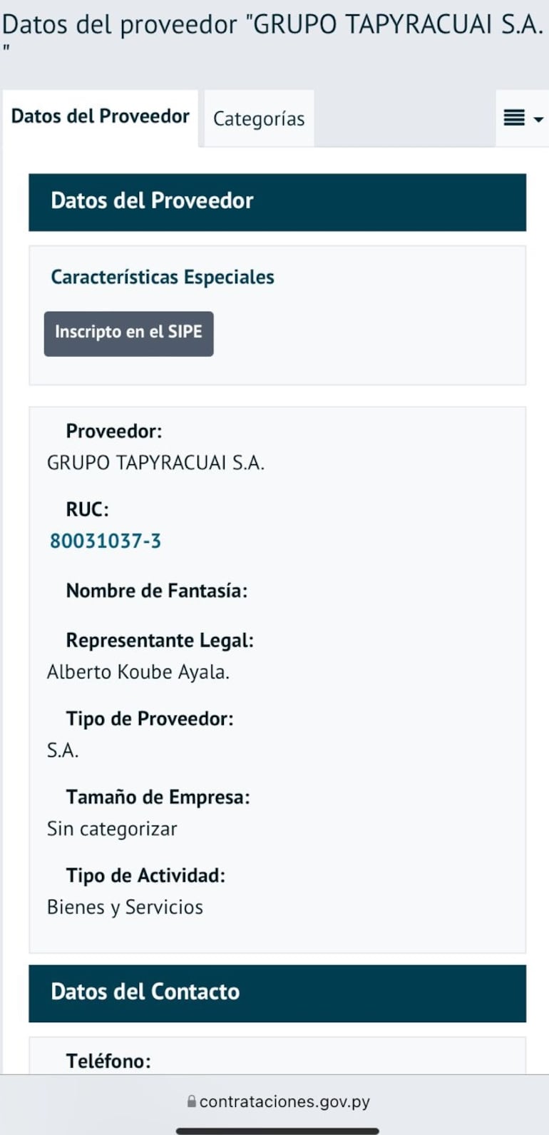 Datos de la firma de Alberto Koube Ayala en Contrataciones Públicas.