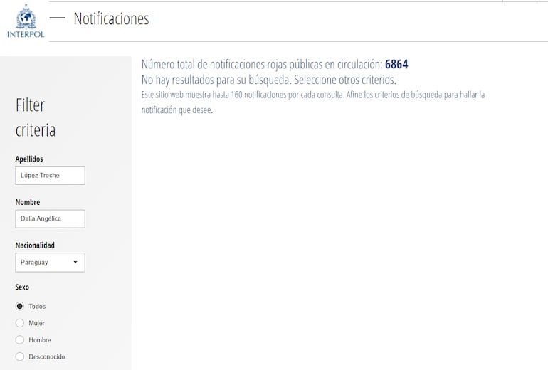 Ingresando los datos de Dalia López, no se encuentra la orden de captura internacional de la mujer.