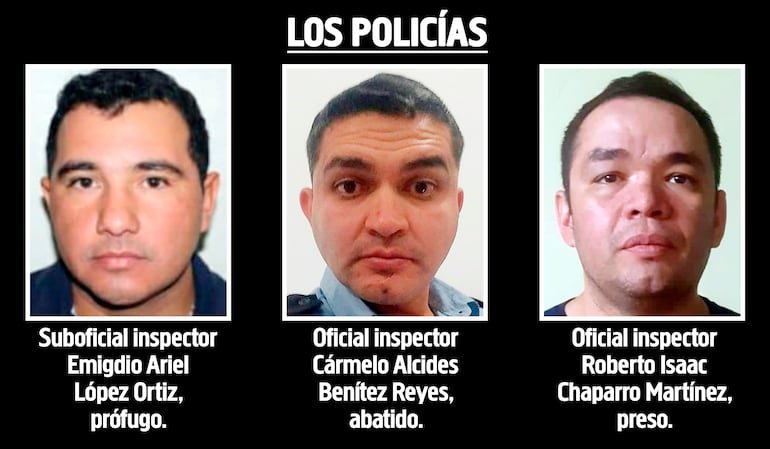 Suboficial inspector Emigdio Ariel López Ortiz, prófugo. Oficial inspector  Cármelo Alcides Benítez Reyes, abatido. Oficial inspector Roberto Isaac Chaparro Martínez, preso.