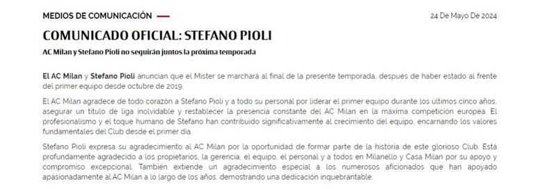 El comunicado del AC Milan sobre la salida de Stefano Pioli.