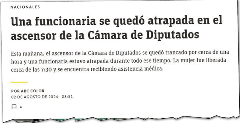 Una de las publicaciones periodísticas sobre el percance en uno de los ascensores del Congreso.