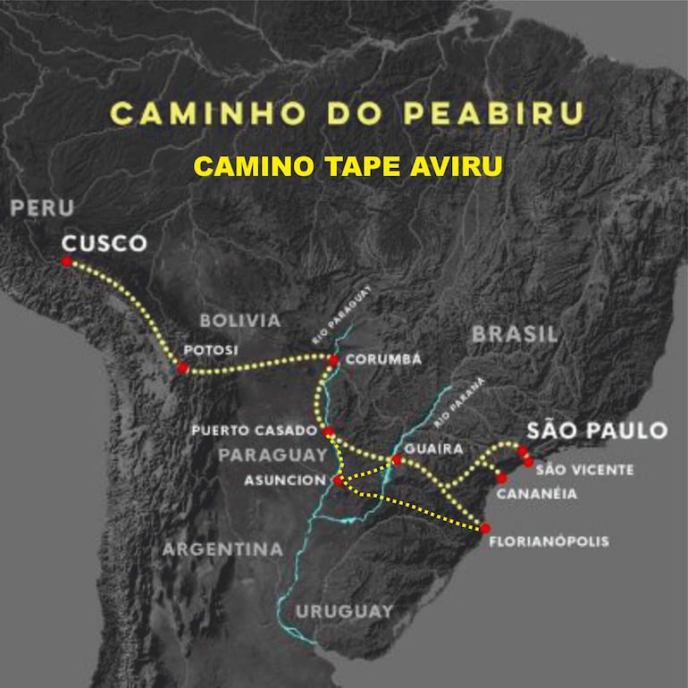 El probable recorrido que habrían trazado los guaraníes. 