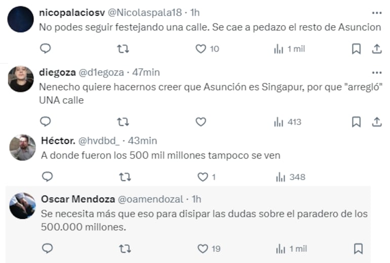 Reacciones de usuarios de X a la publicación del intendente Óscar “Nenecho” Rodríguez.