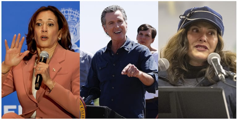 La actual vicepresidenta de Estados Unidos, Kamala Harris (i), y los gobernadores de California, Gavin Newsom (c), y de Míchigan, Gretchen Whitmer.