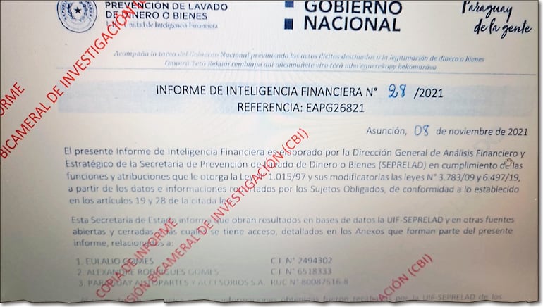 Encabezado del informe elaborado por la Seprelad sobre el fallecido  Eulalio “Lalo” Gomes e hijo y obrante en los archivos de la CBI.