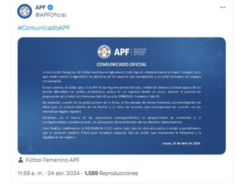 Comunicado de la APF sobre la denuncia de acoso presentada por una jugadora de la Selección Sub 20.