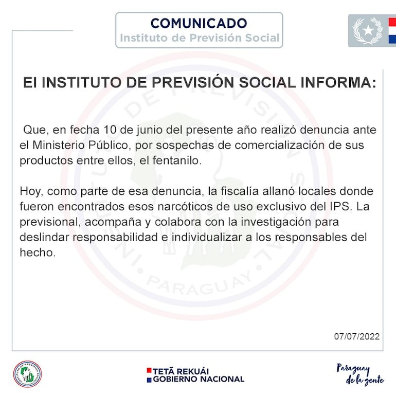 Comunicado del IPS sobre la venta ilícita de sus medicamentos.