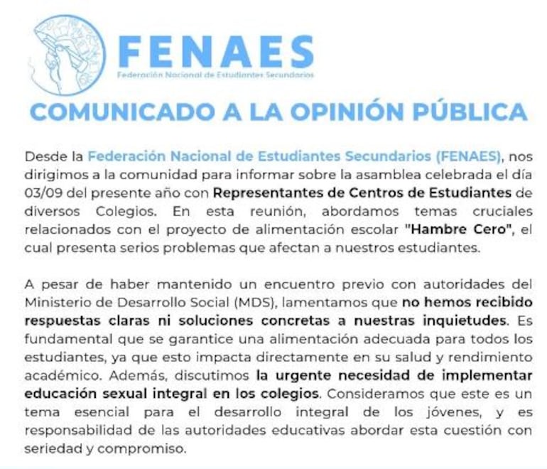 Comunicado de Fenaes sobre la problemática de la cobertura del programa "Hambre cero". (Fuente Instagram de Fenaes).