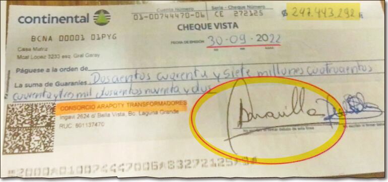 Uno de los cheques que habría sido firmado por el senador liberocartista Dionisio Amarilla Guirland el 30/9/2022.