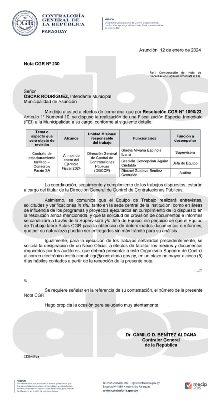 Fiscalización especial inmediata de la Contraloría General de la República a la Municipalidad de Asunción