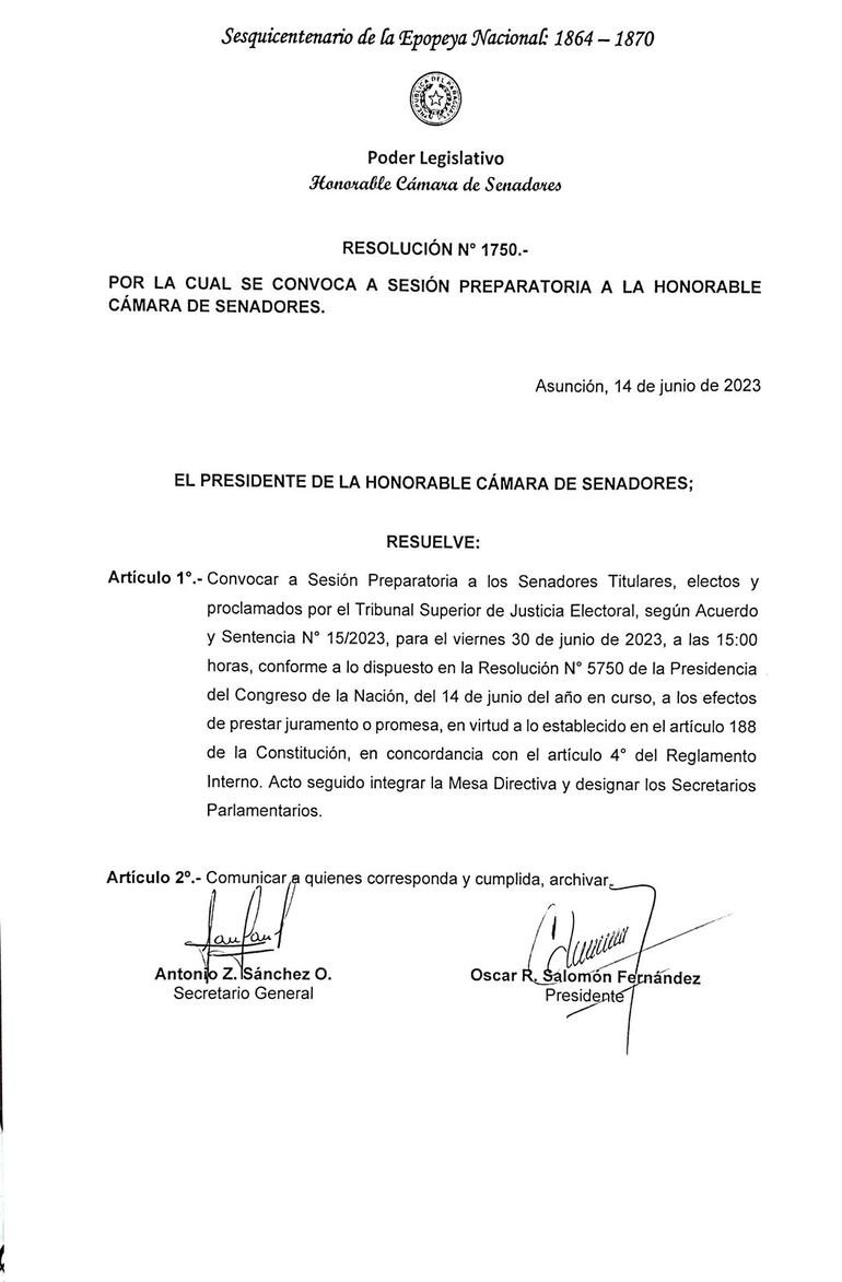 Convocatoria del Presidente del Senado a los Senadores Electos y Proclamados.