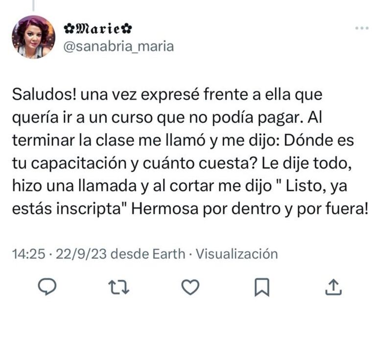 Respuesta de usuaria a la publicación en la que Lilia Piatti recibió su maestría a los 90 años de edad.