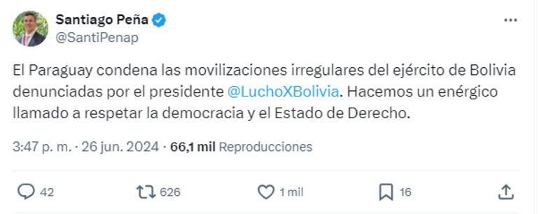 Tweet de Santiago Peña sobre movilización de tropas militares y golpe de Estado en Bolivia.