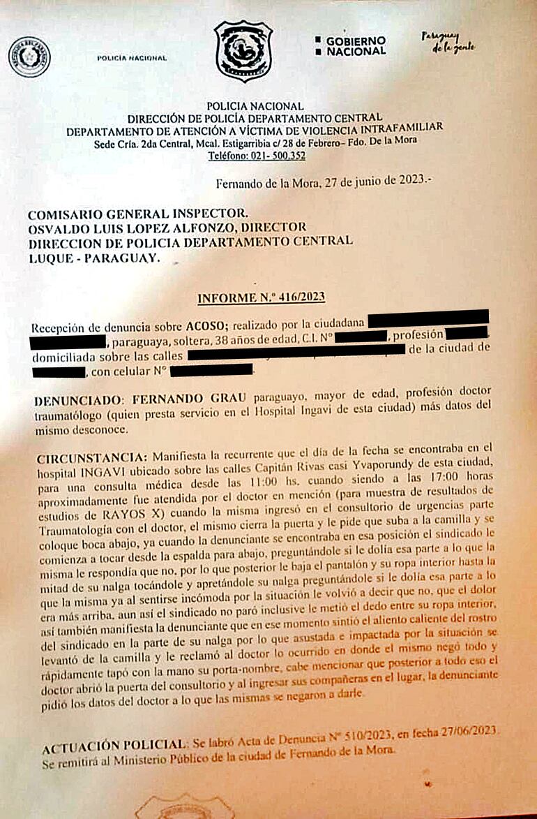 Informe policial de la Comisaria 2° de Fernando de la Mora que relata el supuesto hecho de acoso sexual cometido por el doctor Fernando Grau en el Hospital Ingavi. 