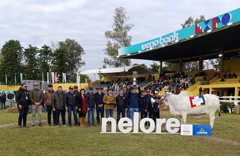 Eulalio Gomes (centro) recibió el reconocimiento por  la Gran Campeona 2024  en bovino hembra por la raza Nelore, de la mano de los directivos de ARP