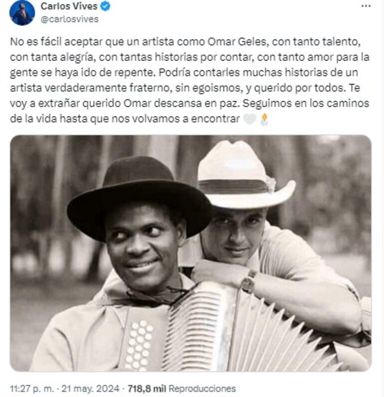 Mensaje de Carlos Vives sobre la muerte de Omar Geles.