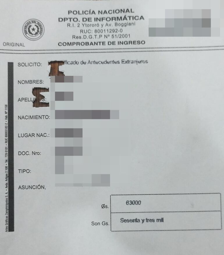 Documento que no está pudiendo ser expedido por falta de insumos.