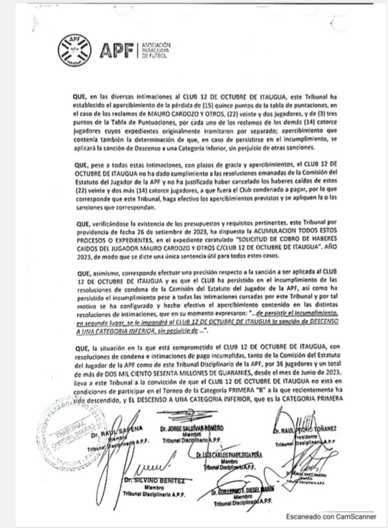 La resolución de la Asociación Paraguaya de Fútbol sobre el descenso de 12 de Octubre de Itauguá a la Primera C.